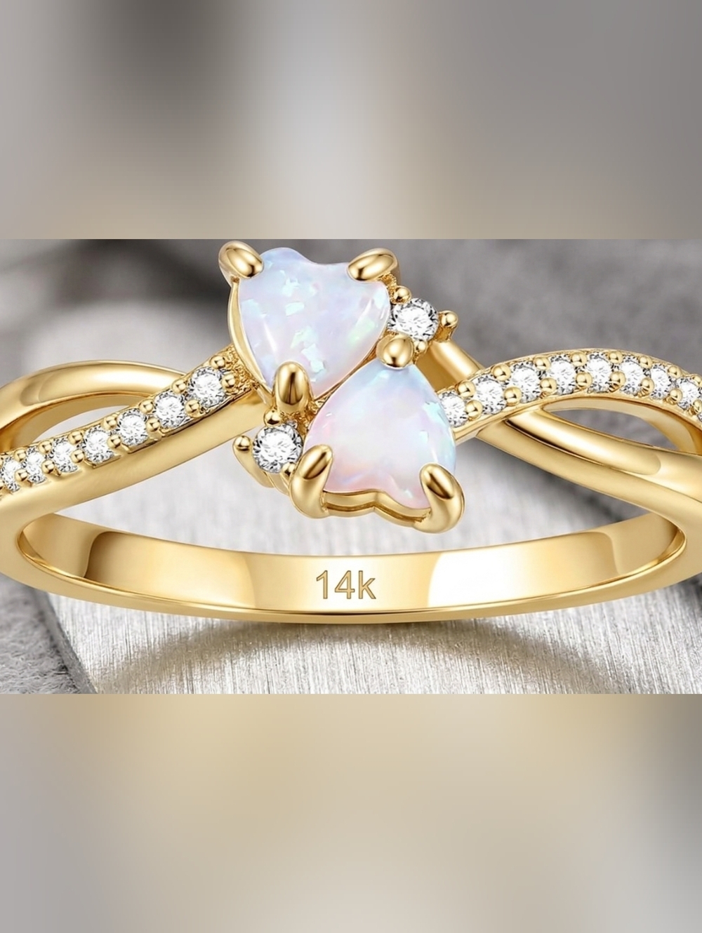 Gold Heart Opal Ring with White Opal and Diamond Accents